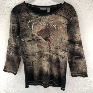 Apt.9 Rhinestone Full Graphic Long Sleeve Tee with Chocolate Treat Words Size M